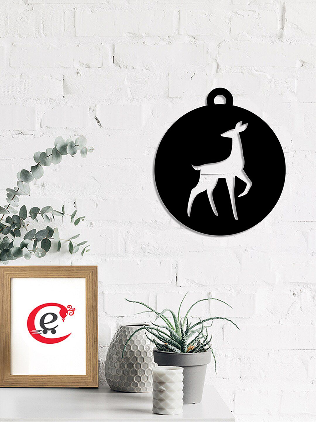 eCraftIndia Black Solid Deer On Ball Wood Cutout Wall Decor Price in India