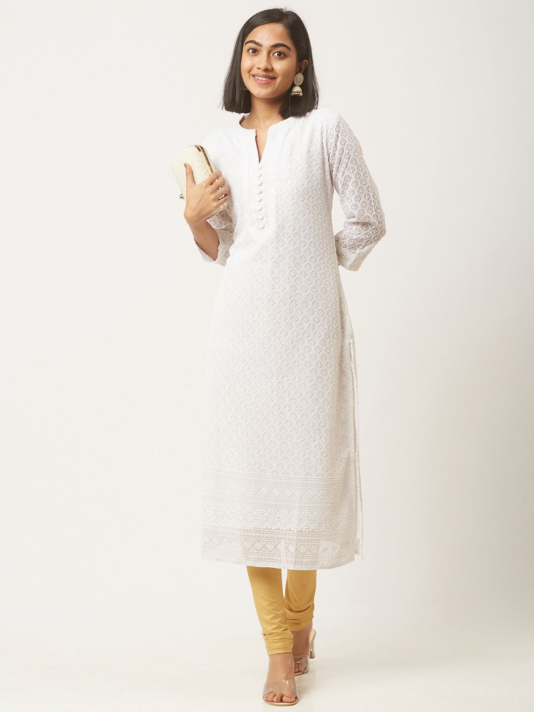 ZOLA Women White Ethnic Motifs Thread Work Georgette Kurta Price in India