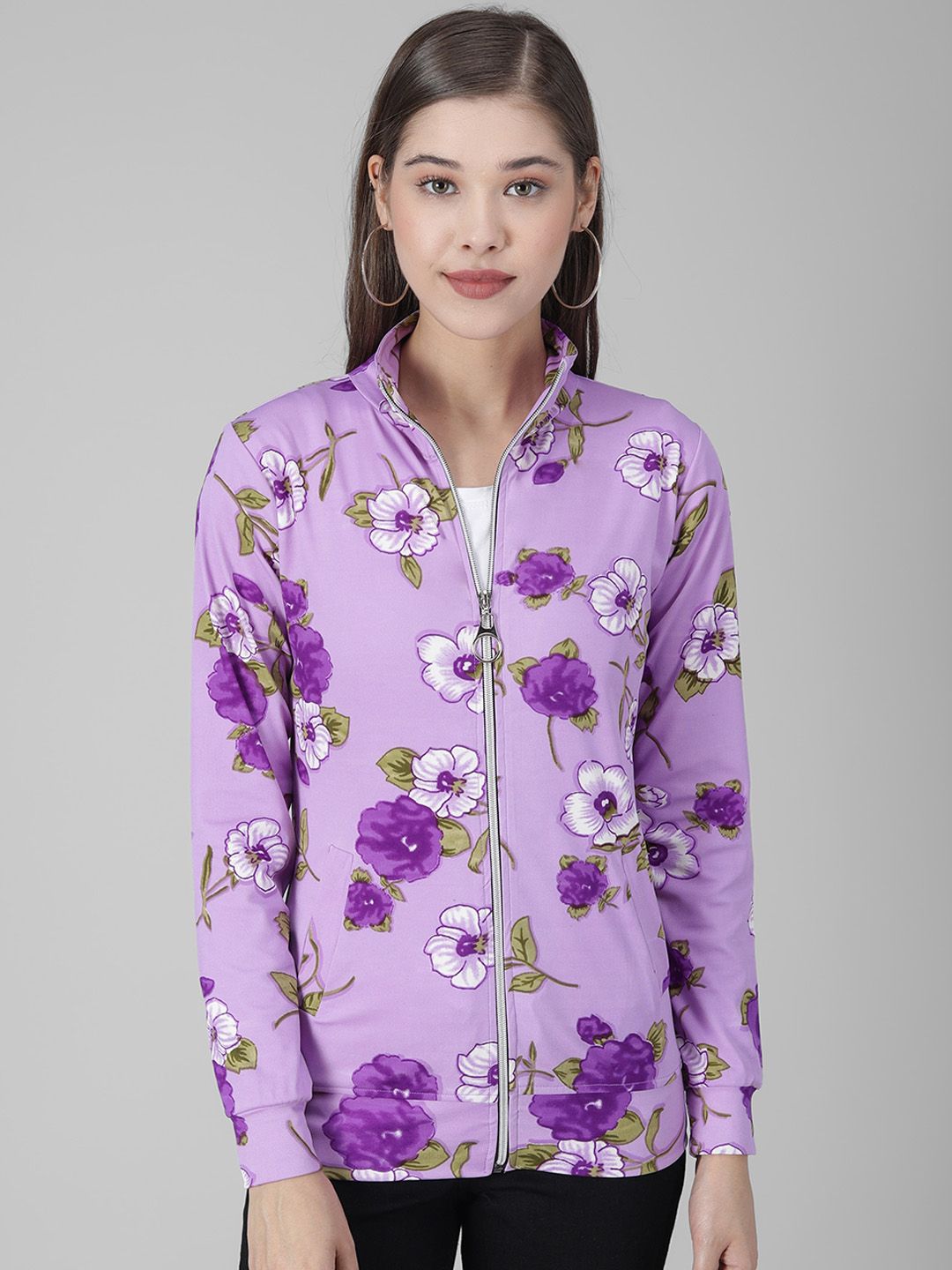 Darzi Women Purple & White Floral Bomber Jacket Price in India