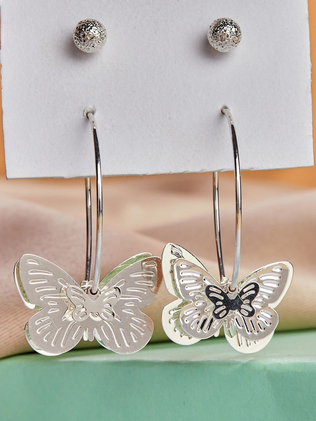 Lilly & sparkle Silver-Toned Set Of 2 Butterfly Hoop With Stud Contemporary Drop Earrings Price in India