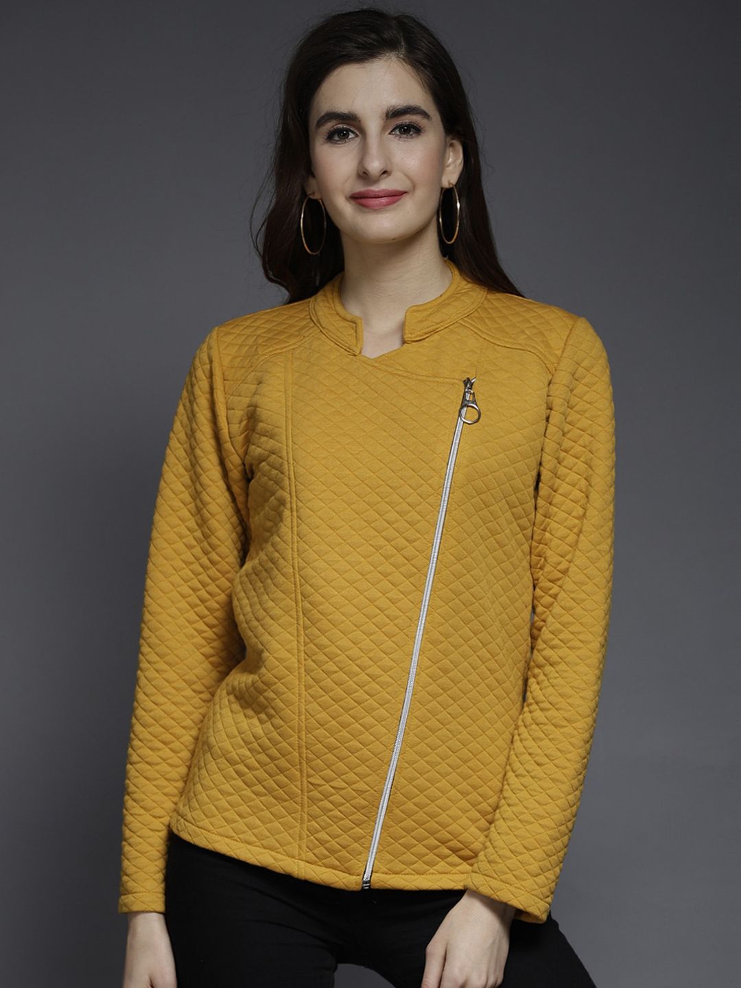 Darzi Women Mustard Geometric Fleece Biker Jacket Price in India