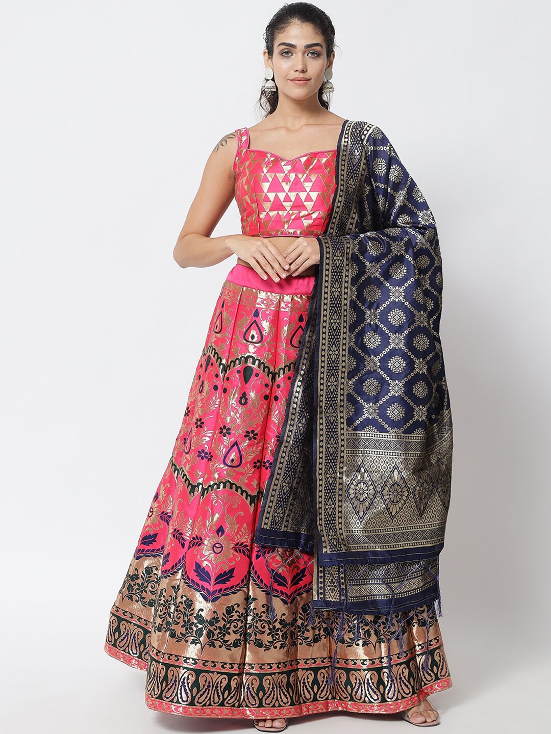 DIVASTRI Pink & Navy Blue Foil Print Semi-Stitched Lehenga & Unstitched Blouse With Dupatta Price in India