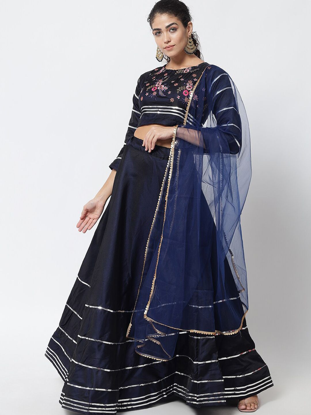 DIVASTRI Navy Blue Embroidered Semi-Stitched Lehenga & Unstitched Blouse With Dupatta Price in India