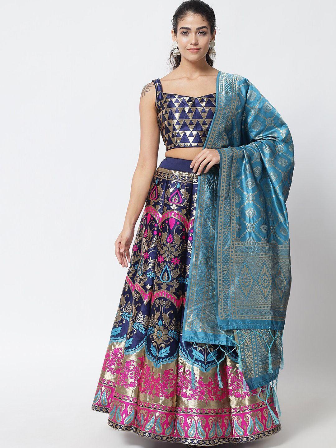 DIVASTRI Navy Blue & Rose Gold Semi-Stitched Lehenga & Unstitched Blouse With Dupatta Price in India