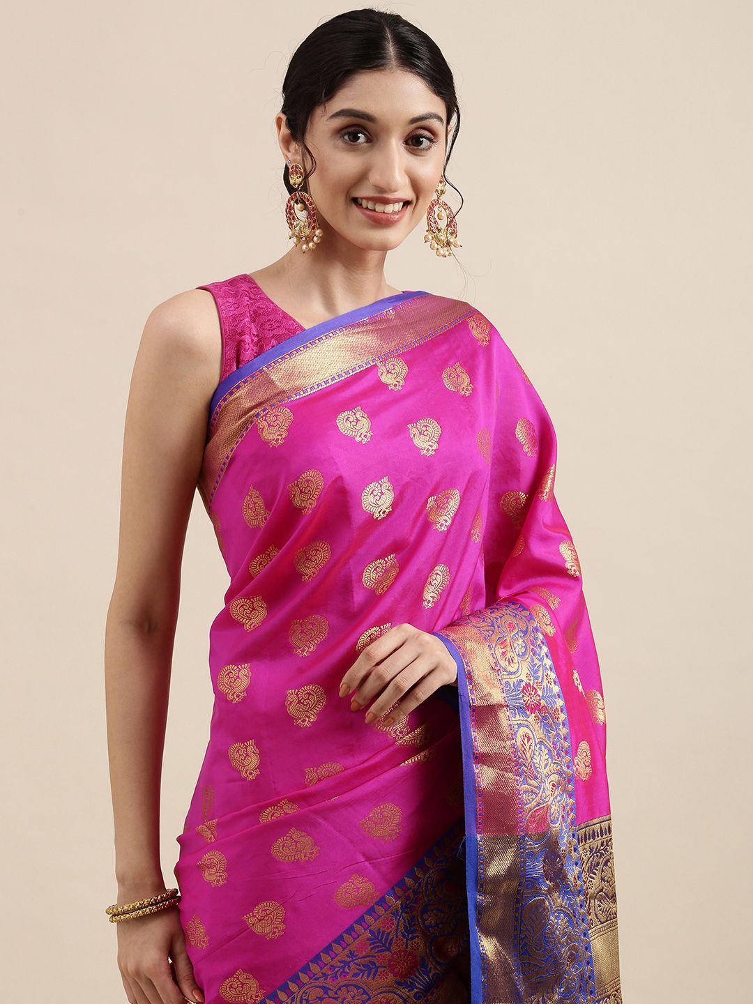 Mitera Pink & Gold-Toned Ethnic Motifs Zari Silk Cotton Celebrity Banarasi Saree Price in India