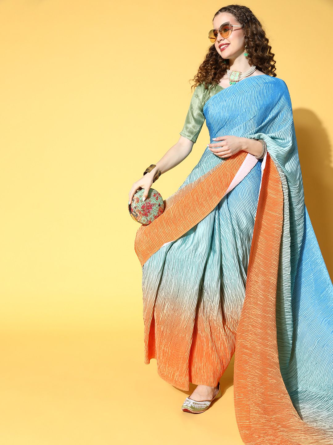 Mitera Blue Satin Pleated Saree Price in India