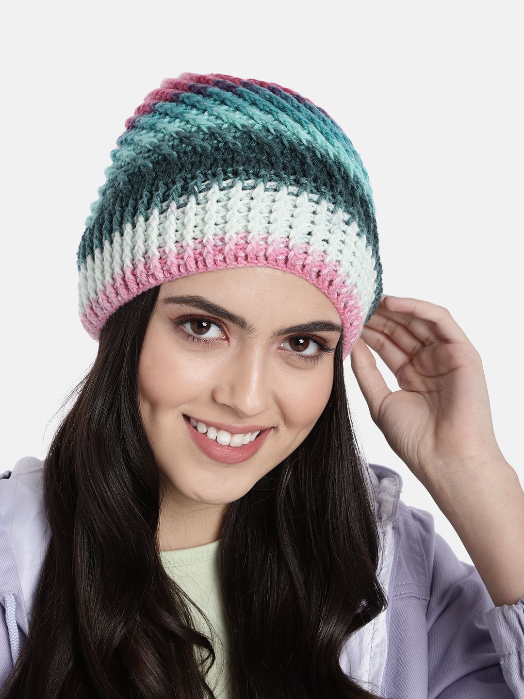 Magic Needles Unisex Pink & Blue Self Design Beanie Price in India