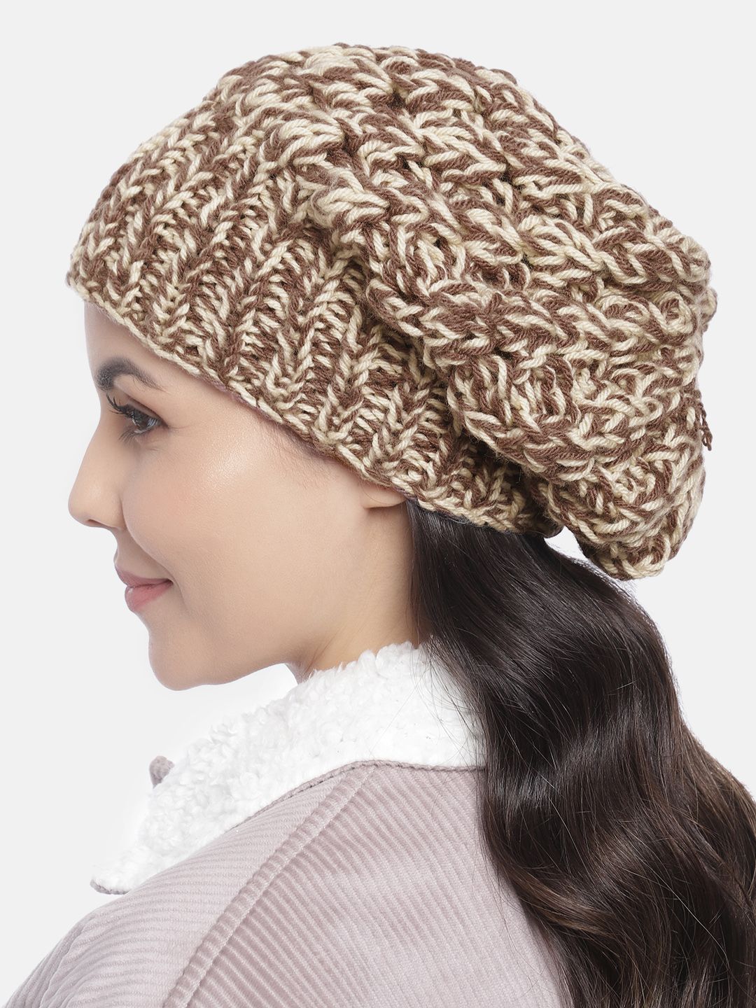 Magic Needles Women Brown & Beige Winter Handmade Shroom Beanie Price in India