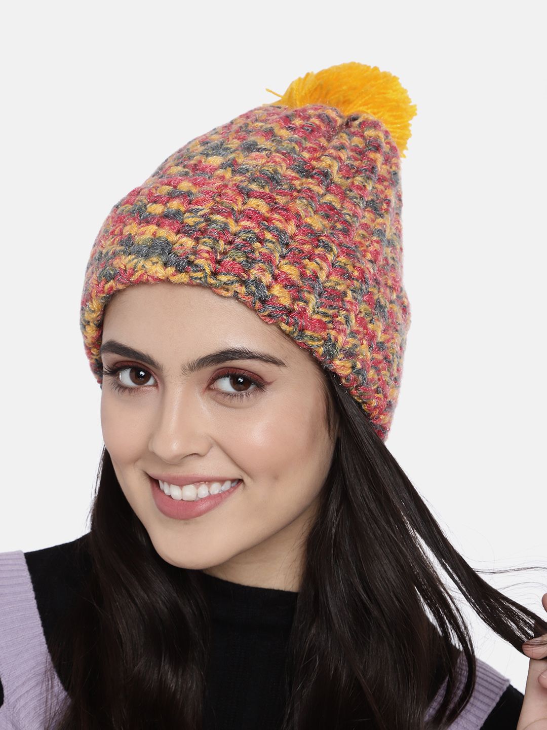 Magic Needles Unisex Mustard Yellow & Red Handmade Beanie with Pompom Detail Price in India