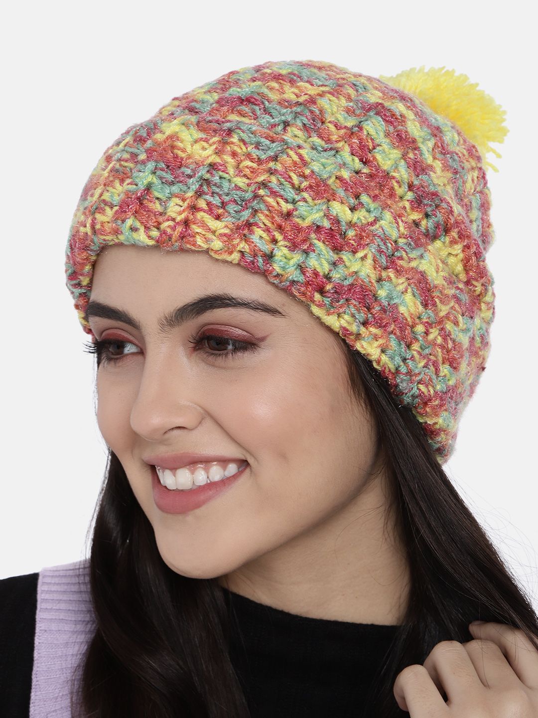 Magic Needles Unisex Yellow & Red Handmade Beanie with Pompom Detail Price in India