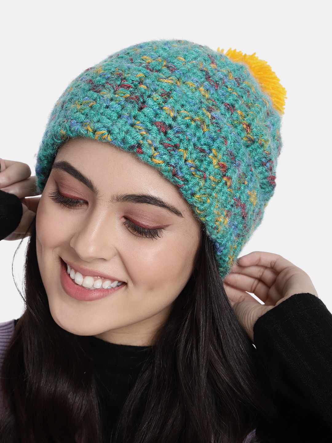 Magic Needles Unisex Sea Green & Mustard Yellow Handmade Beanie with Pompom Detail Price in India