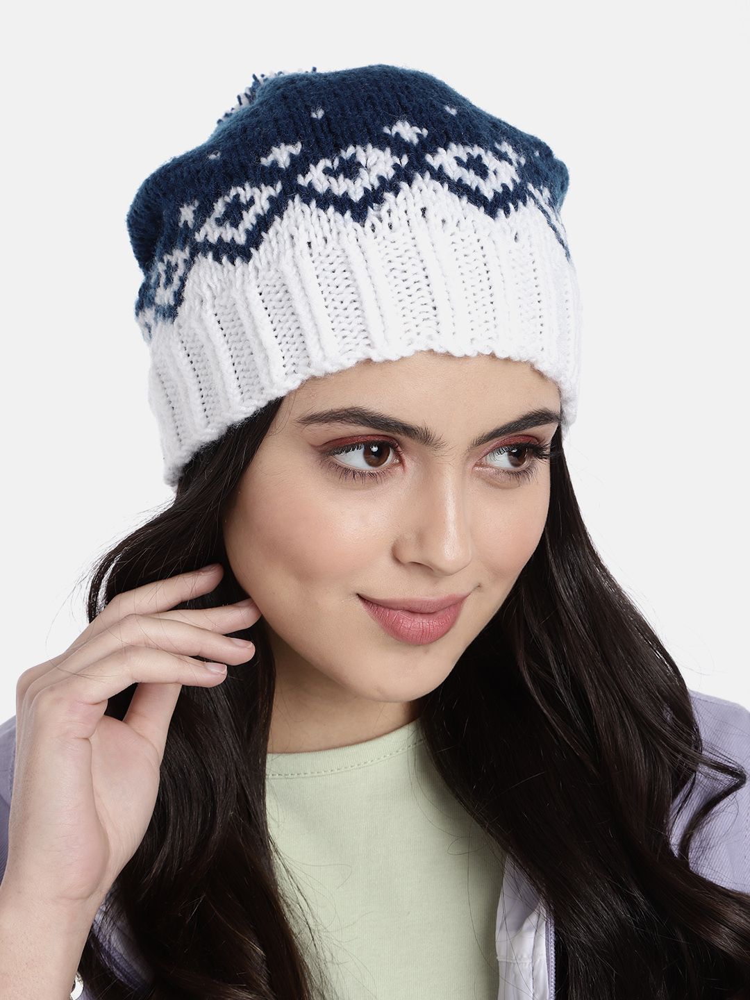 Magic Needles Unisex Navy Blue & White Self Design Beanie Price in India