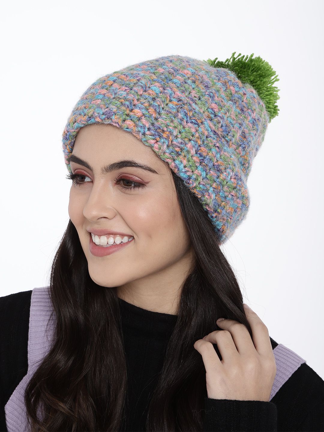 Magic Needles Unisex Purple & Green Handmade Beanie with Pompom Detail Price in India