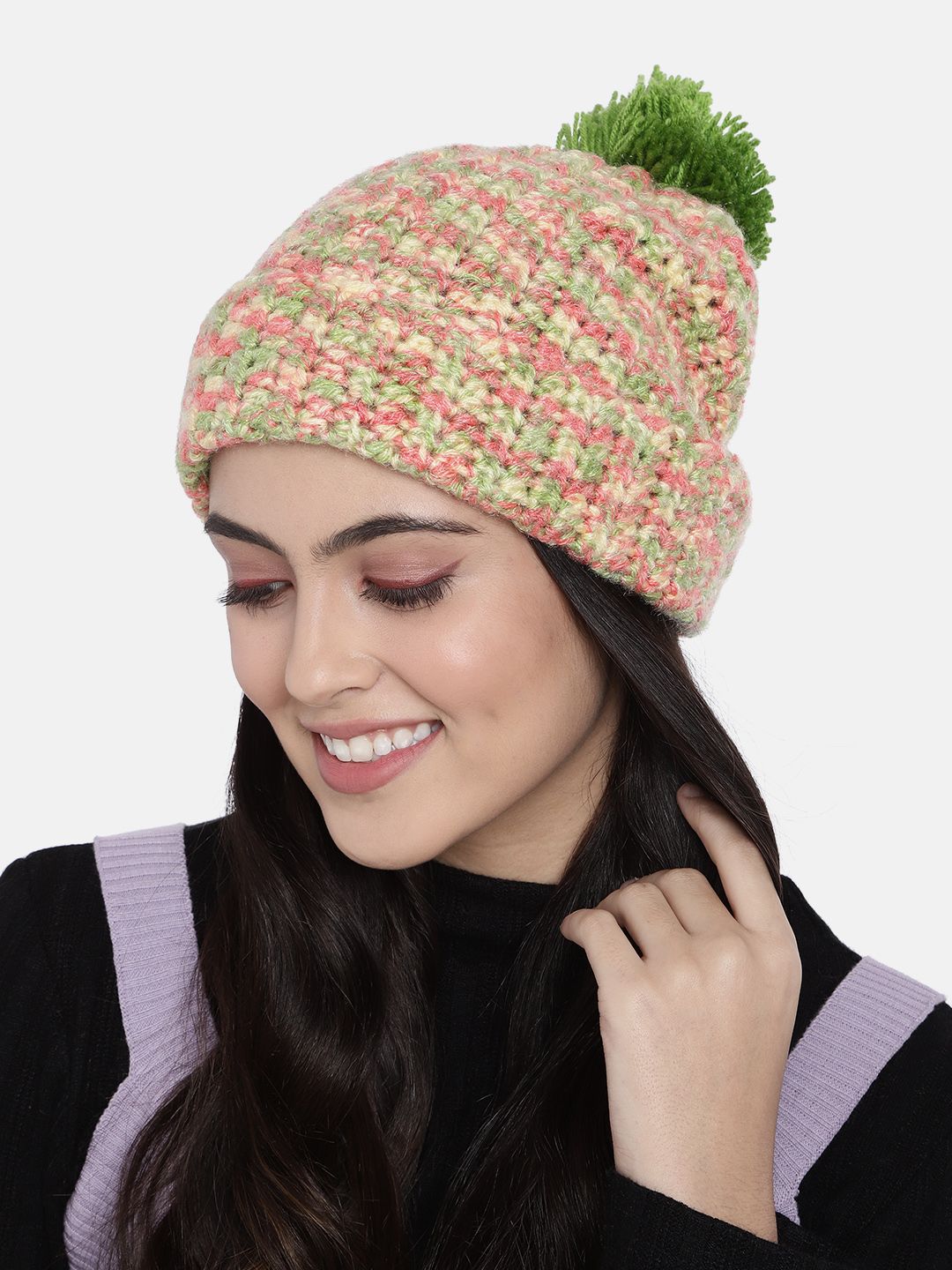Magic Needles Unisex Green & Peach-Coloured Handmade Beanie with Pompom Detail Price in India