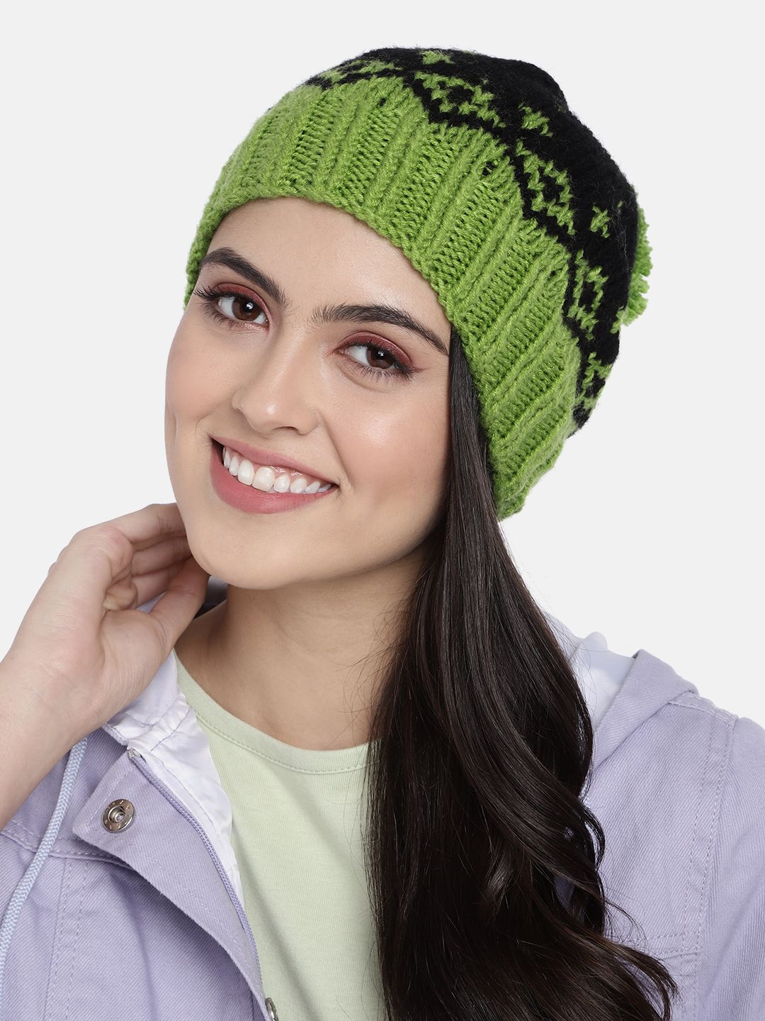 Magic Needles Unisex Green & Black Self Design Beanie Price in India