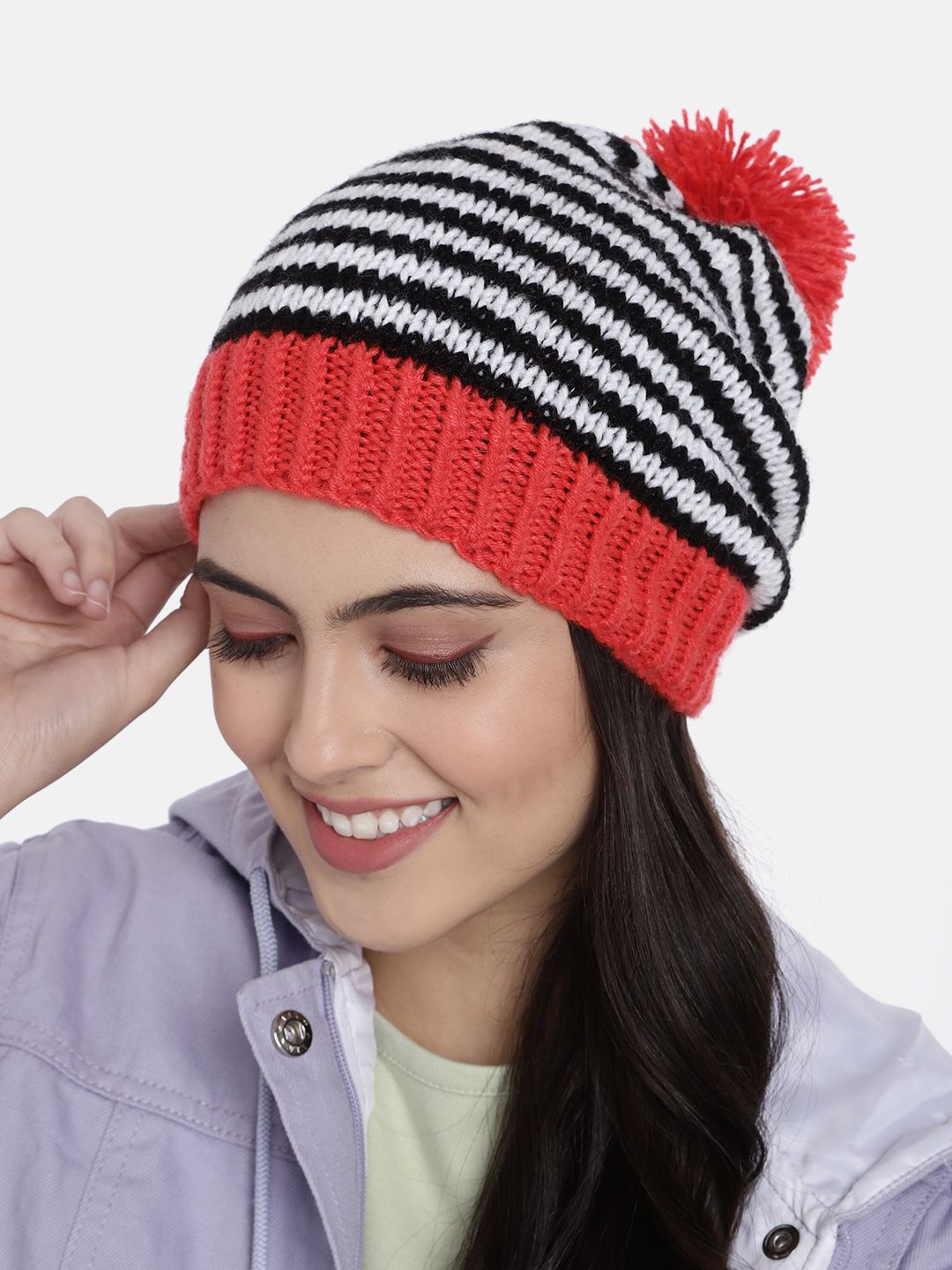 Magic Needles Unisex White & Red Striped Beanie Price in India