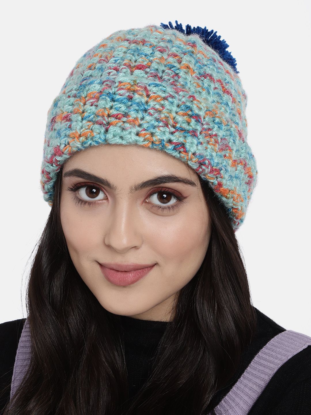 Magic Needles Unisex Blue & Orange Handmade Beanie with Pompom detail Price in India