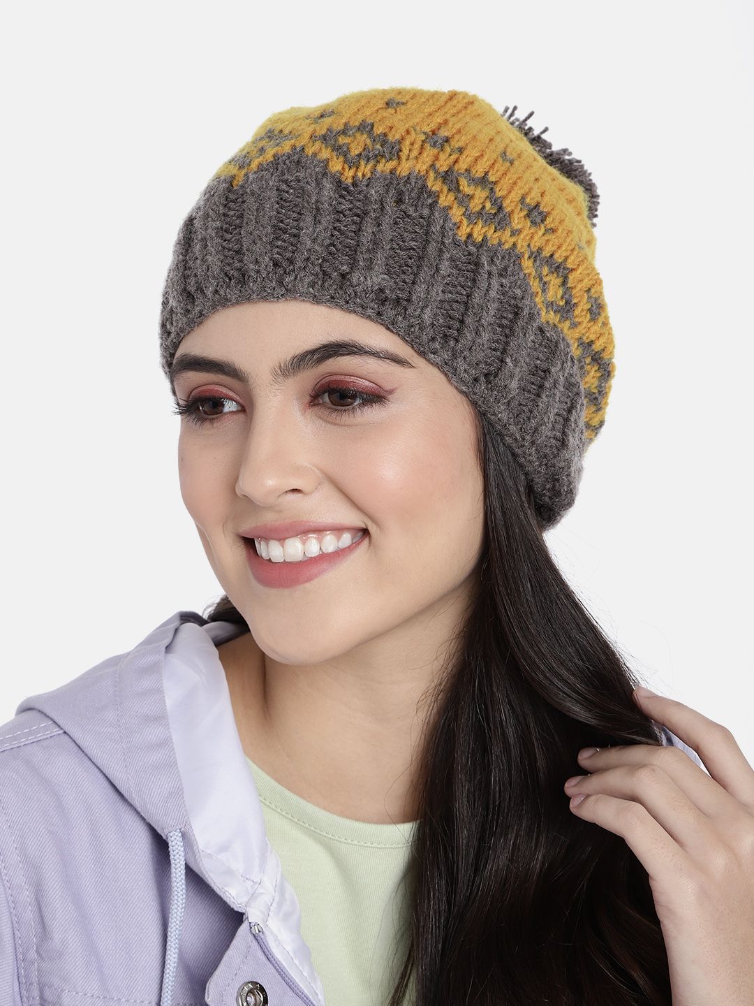 Magic Needles Unisex Yellow & Taupe Self Design Beanie Price in India