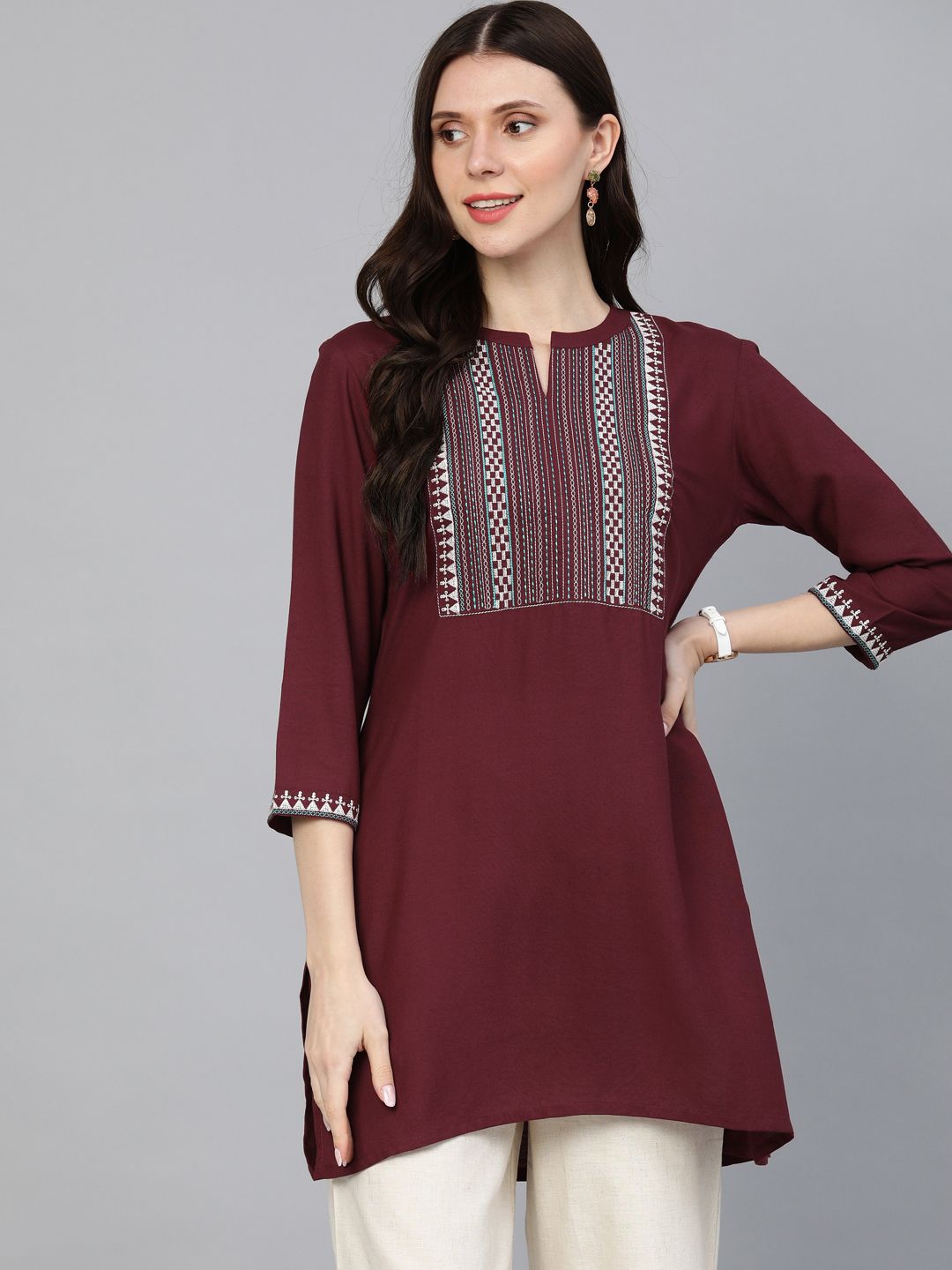 ETIQUETTE Maroon & White Ethnic Motifs Yoke Design Thread Work Kurti