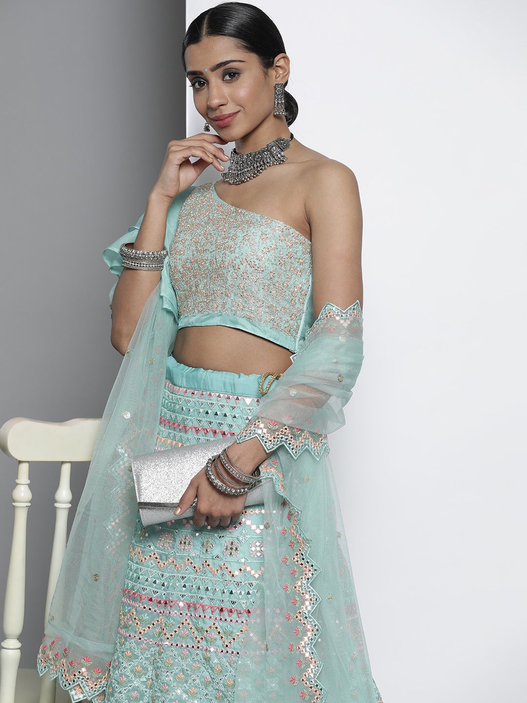 DRESSTIVE Blue & Peach-Coloured Embroidered Semi-Stitched Lehenga & Unstitched Blouse With Dupatta