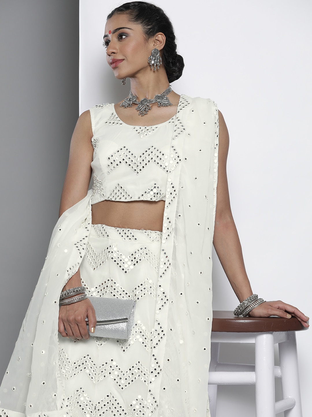 DRESSTIVE White Embroidered Mirror Work Unstitched Lehenga & Blouse With Dupatta Price in India