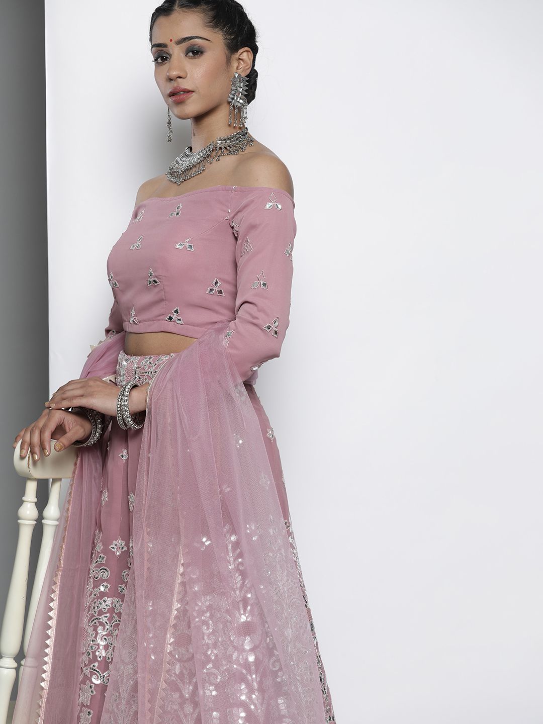 DRESSTIVE Mauve & Silver Embroidered Unstitched Lehenga & Blouse With Dupatta Price in India
