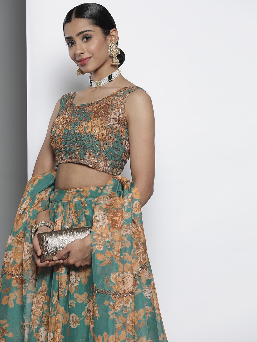 DRESSTIVE Teal Green & Beige Floral Semi-Stitched Lehenga & Unstitched Blouse With Dupatta Price in India