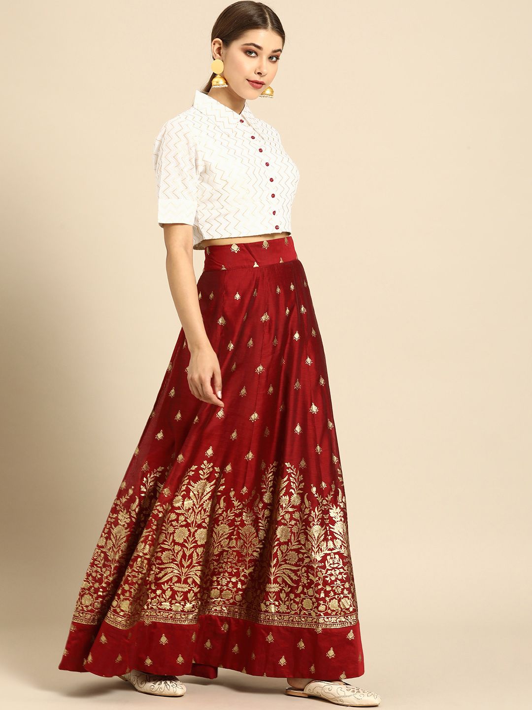 Anouk White & Red Printed Ready to Wear Lehenga & Blouse With Dupatta Price in India