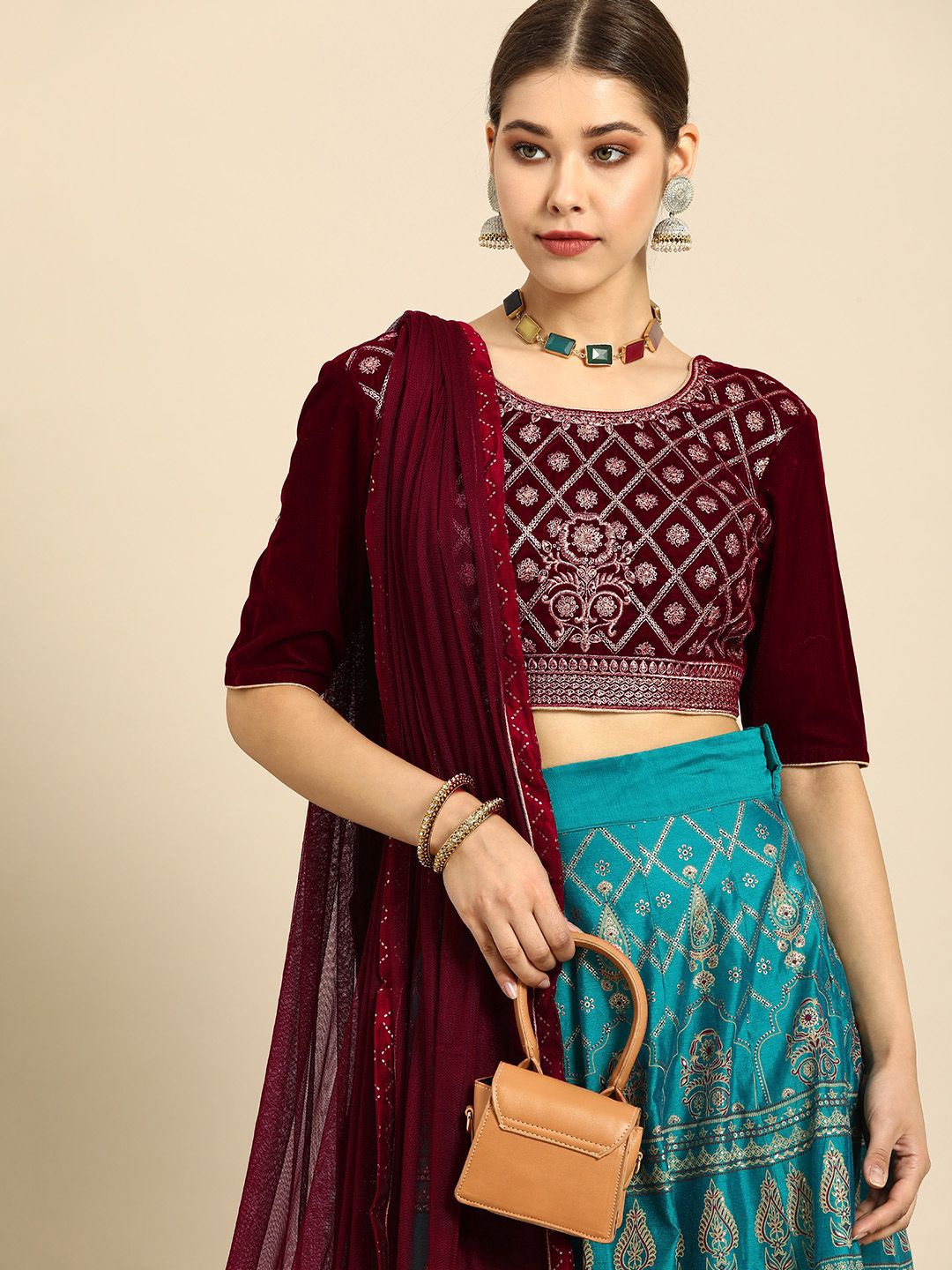 Anouk Maroon & Green Embellished Ready to Wear Lehenga & Blouse With Dupatta Price in India