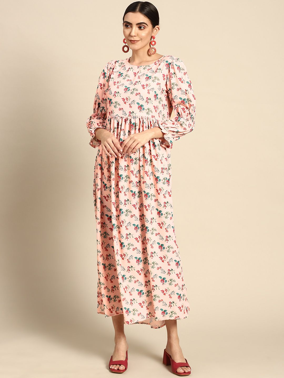 Nayo Women Peach-Coloured & Green Floral Print A-Line Maxi Dress Price in India