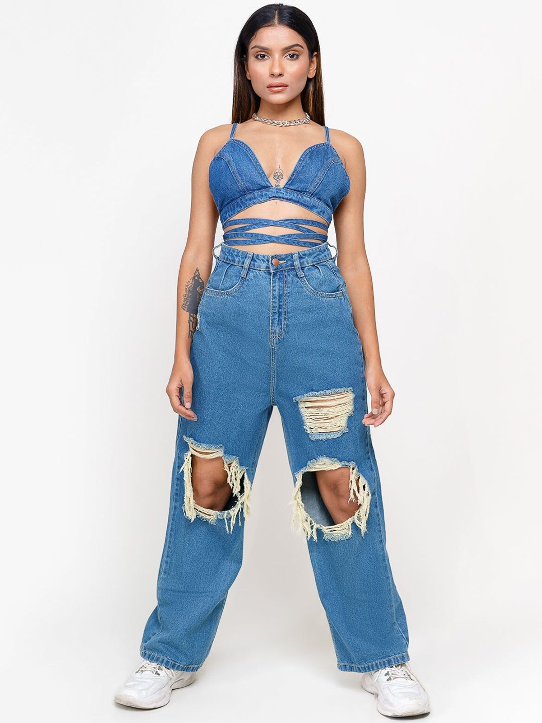 FREAKINS Women Stunning Blue High-Rise Wide Leg Fit Cropped Jeans Price in India