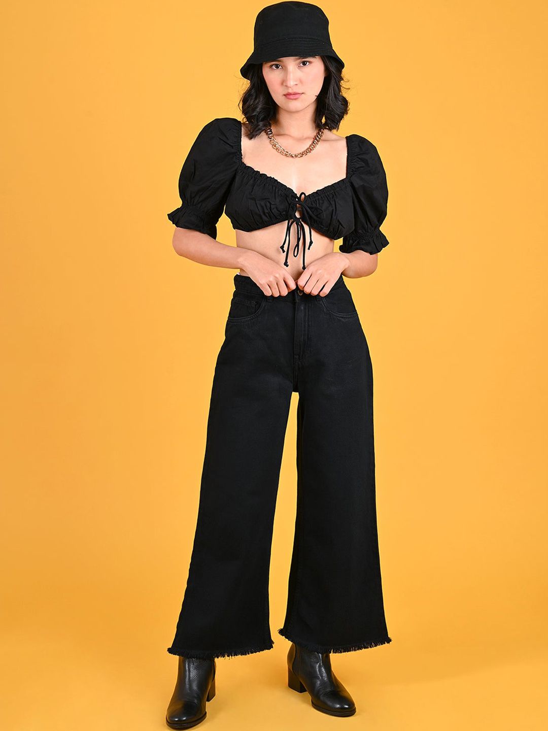 FREAKINS Women Stylish Black High-Rise Wide Leg Fit Cropped Jeans Price in India