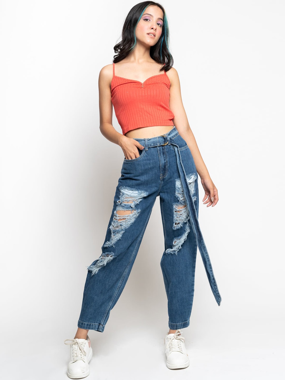 FREAKINS Women Stunning Blue High-Rise Relaxed Fit Cropped Jeans Price in India