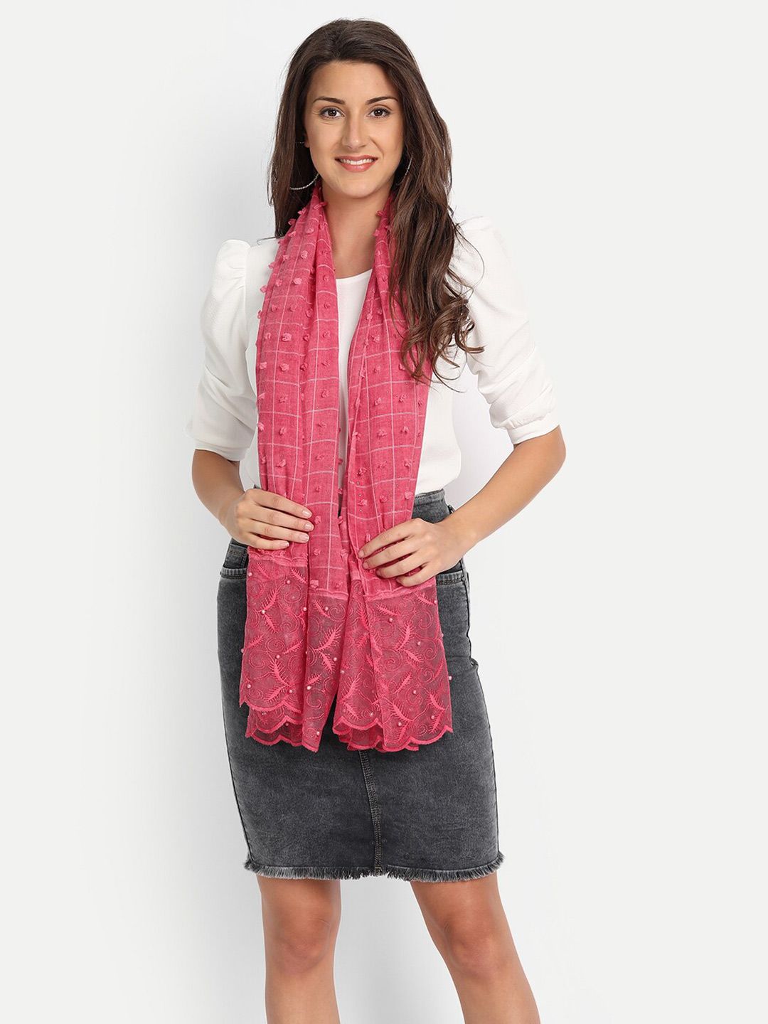 Wicked Stitch Women Pink Self Design Cotton Scarf Price in India