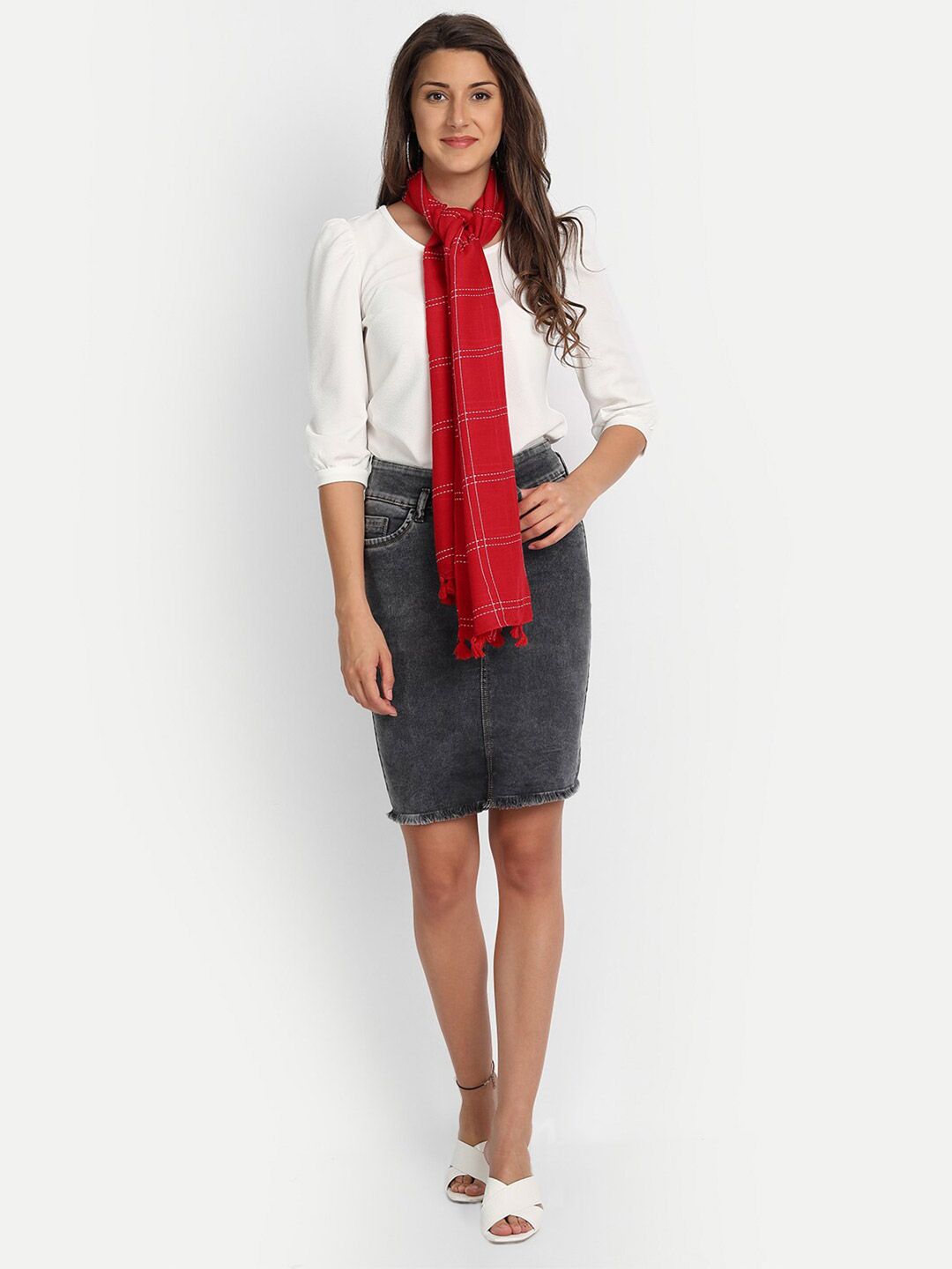 Wicked Stitch Women Red & White Checked Cotton Scarf Price in India