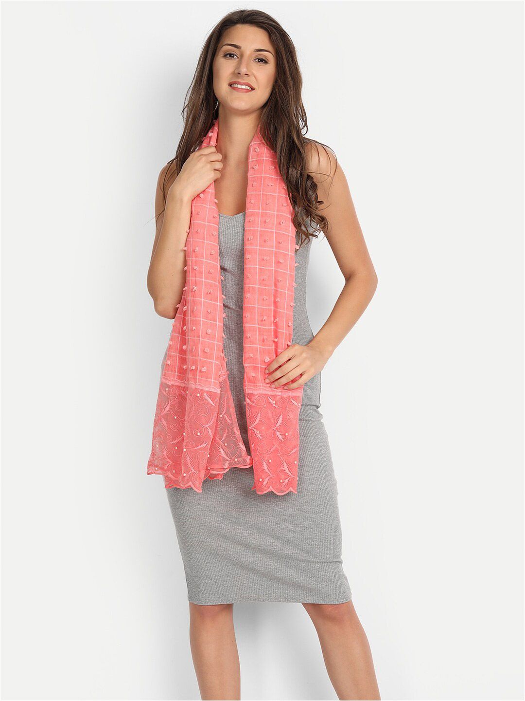 Wicked Stitch Women Peach-Coloured Self Design Cotton Scarf Price in India