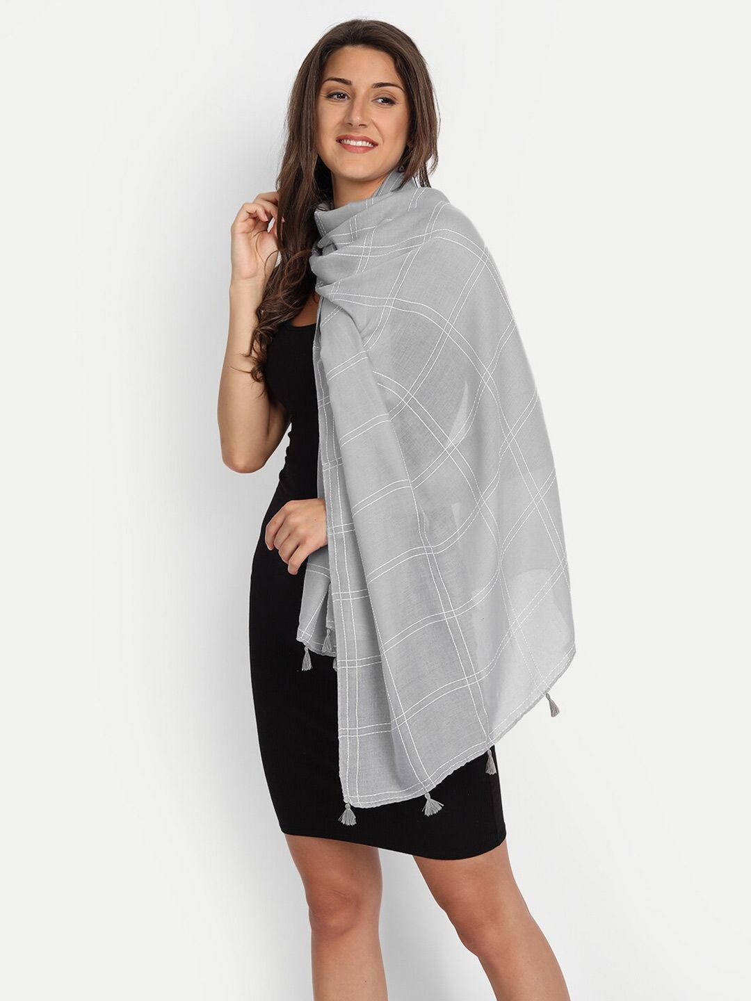 Wicked Stitch Women Grey & White Checked Scarf Price in India