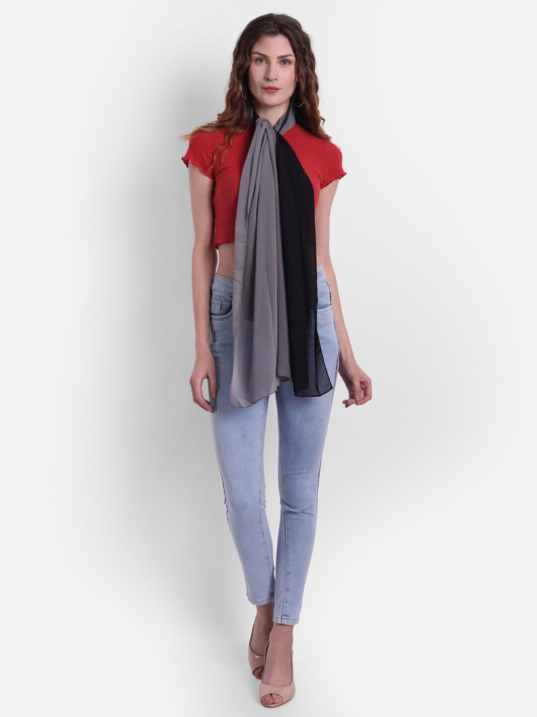 Wicked Stitch Women Grey Colourblocked Cotton Scarves Price in India