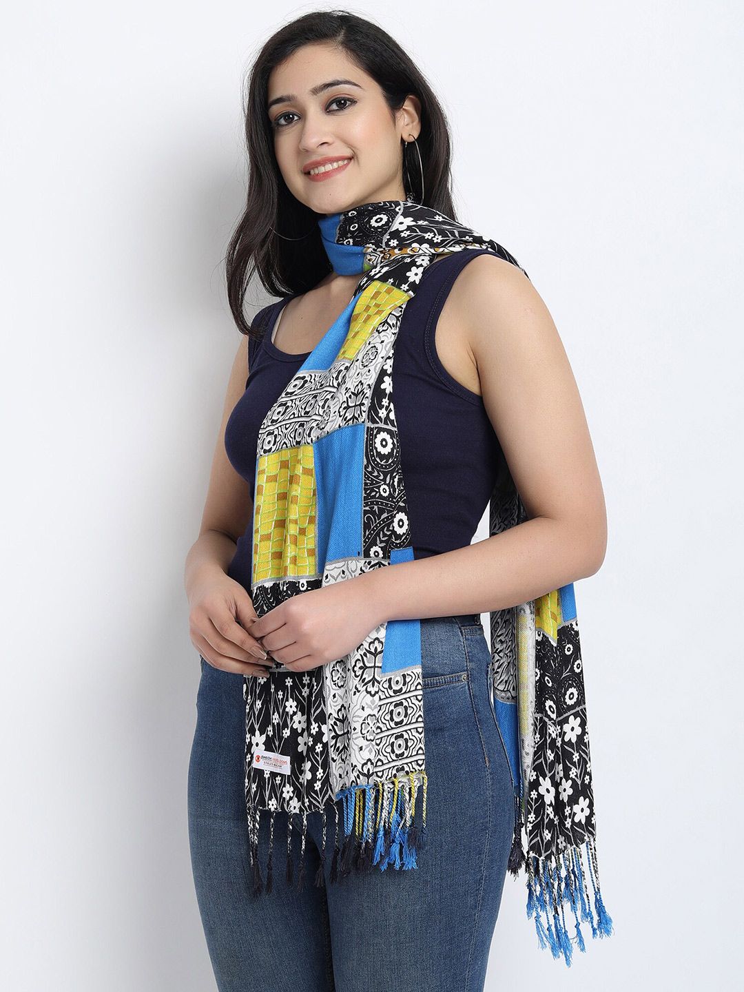 Wicked Stitch Women Blue & Black Printed Scarf Price in India