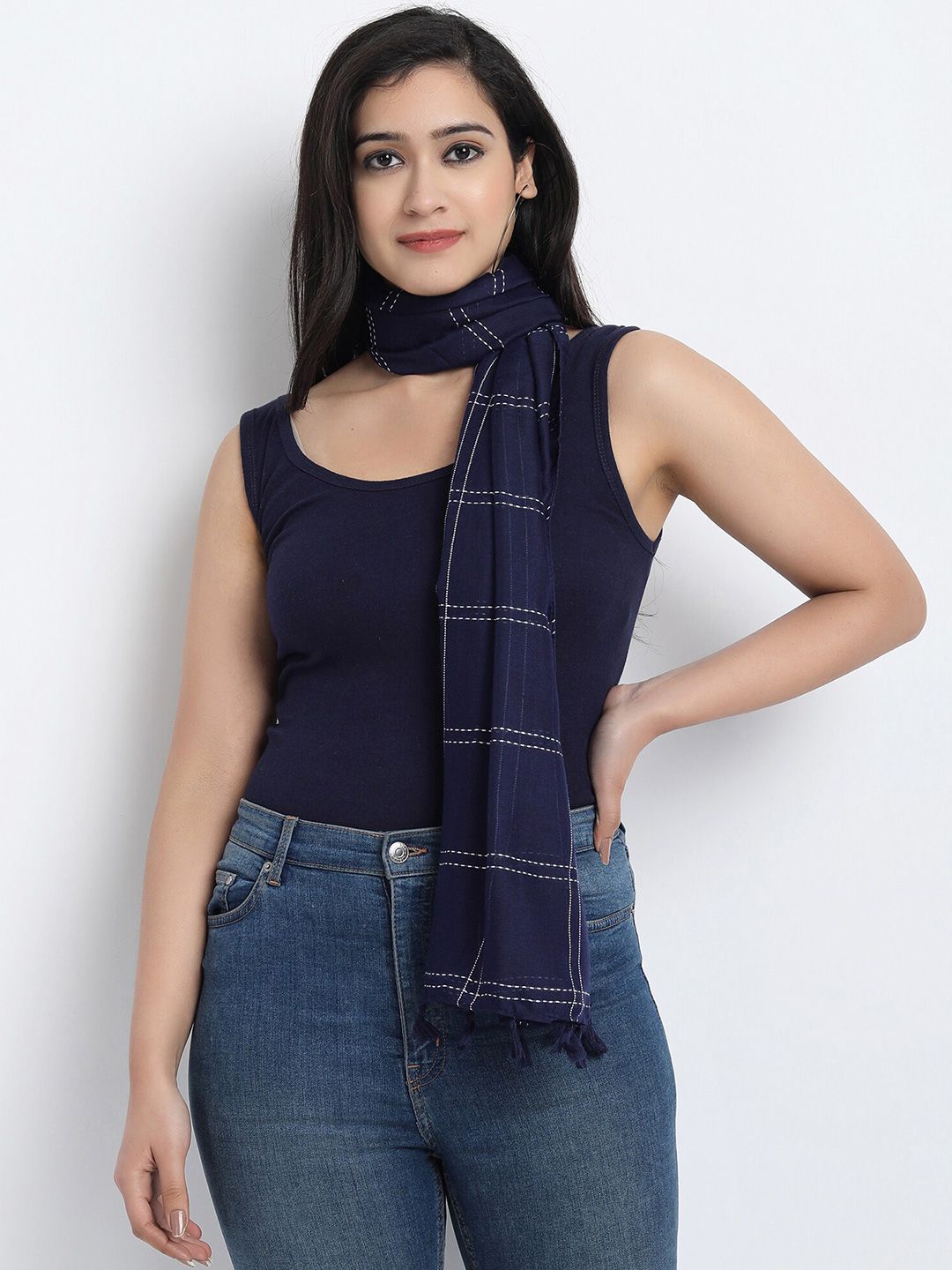 Wicked Stitch Women Blue Checked Scarf Price in India