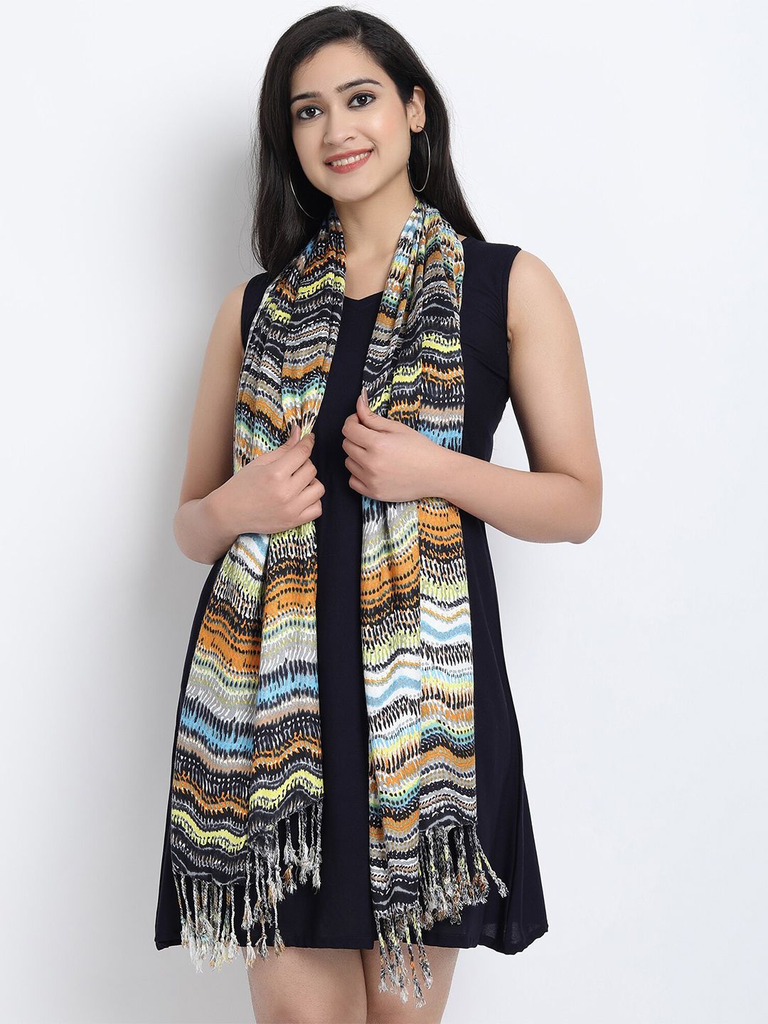 Wicked Stitch Women Blue & Mustard Printed Scarf Price in India