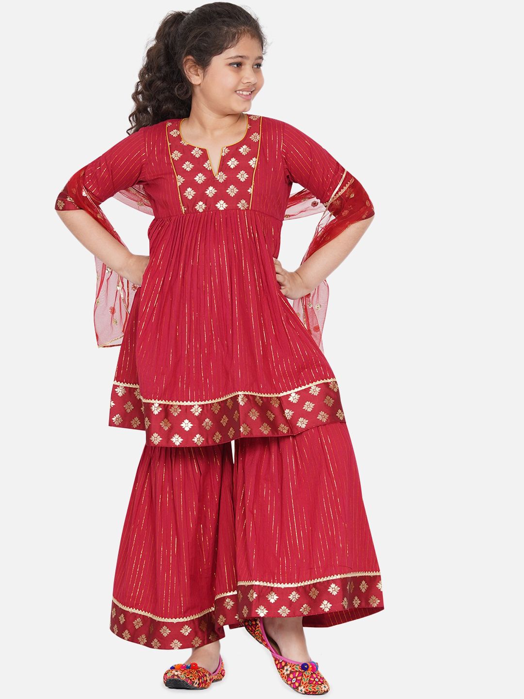 Little Bansi Girls Maroon Ethnic Motifs Printed Pure Cotton Kurti with Sharara & Dupatta