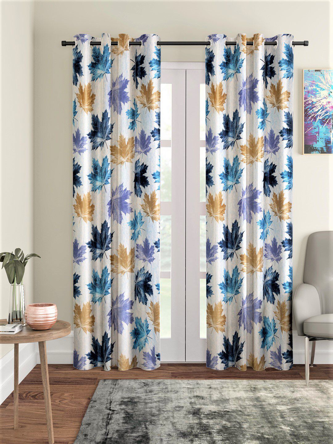 Home Sizzler Blue & Beige Set of 2 Floral Long Door Curtain Price in India