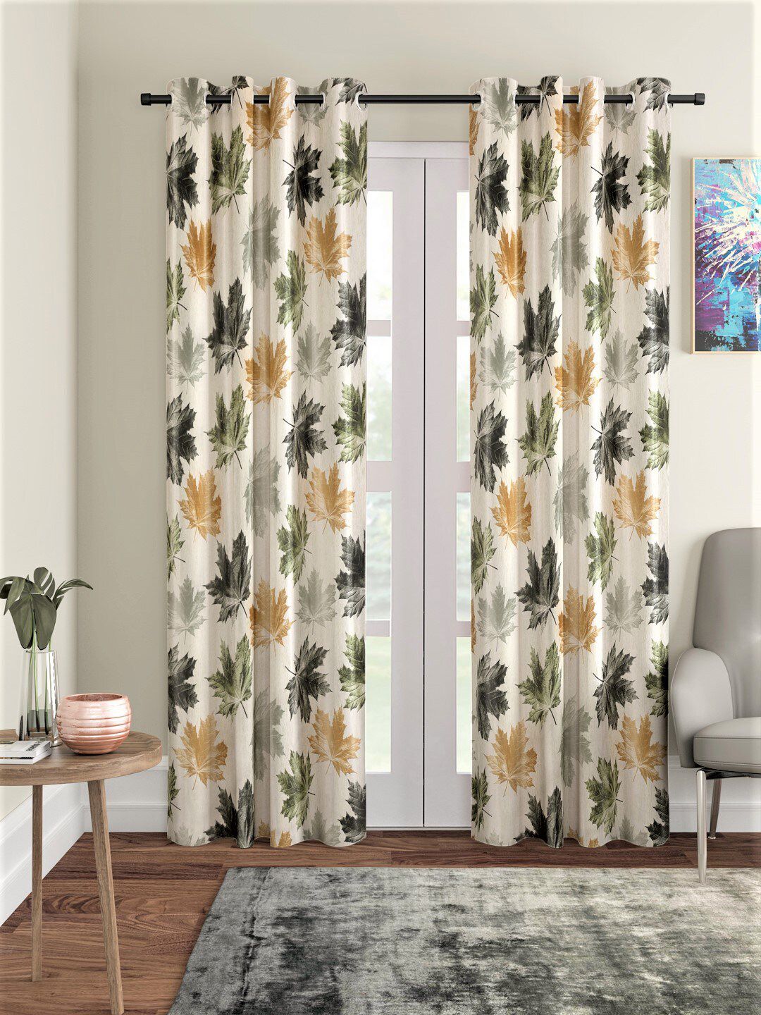 Home Sizzler Green & Cream-Coloured Set of 2 Floral Long Door Curtain Price in India