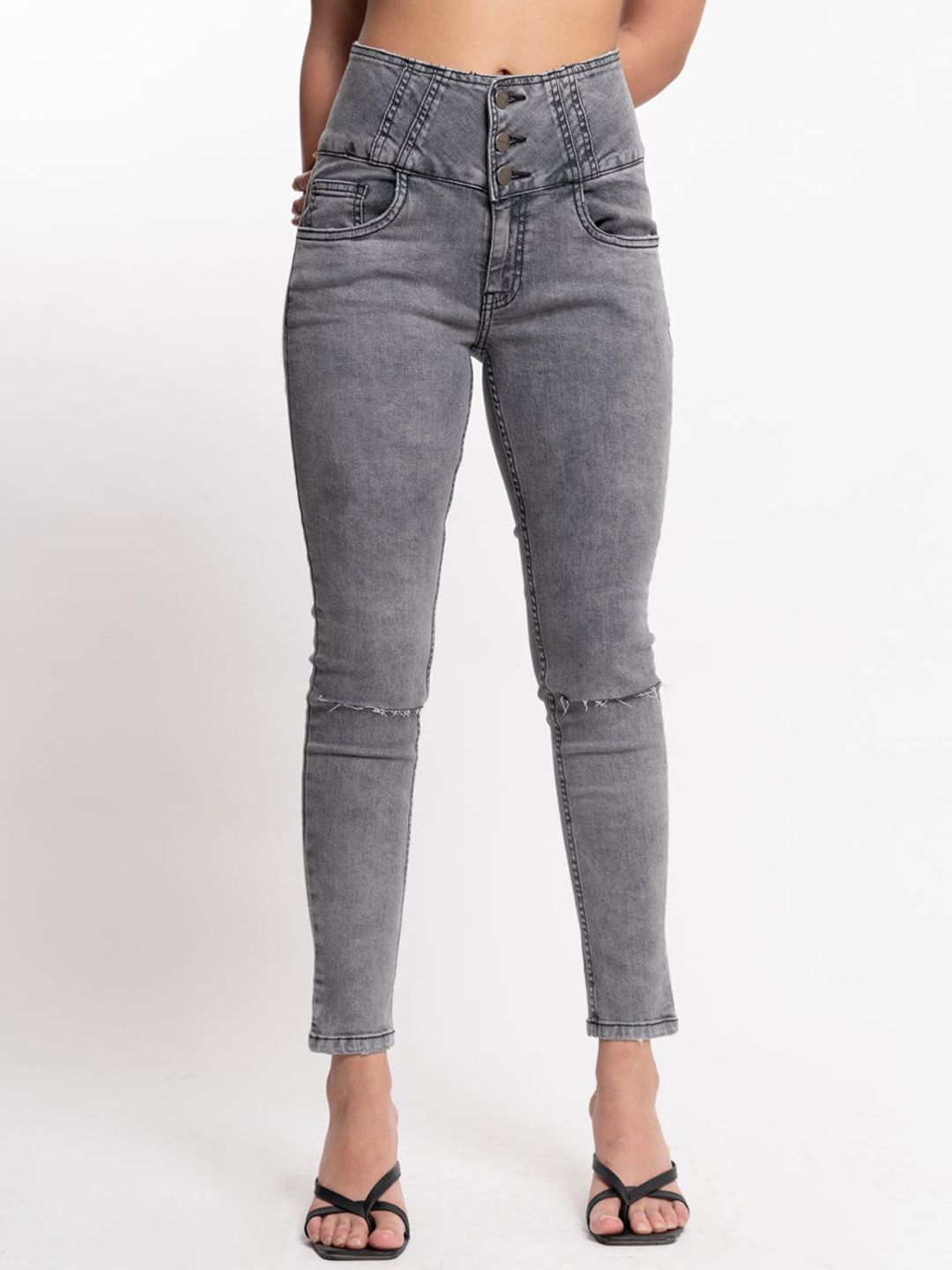 FREAKINS Women Beautiful Grey High-Rise Skinny Fit Cropped Jeans Price in India