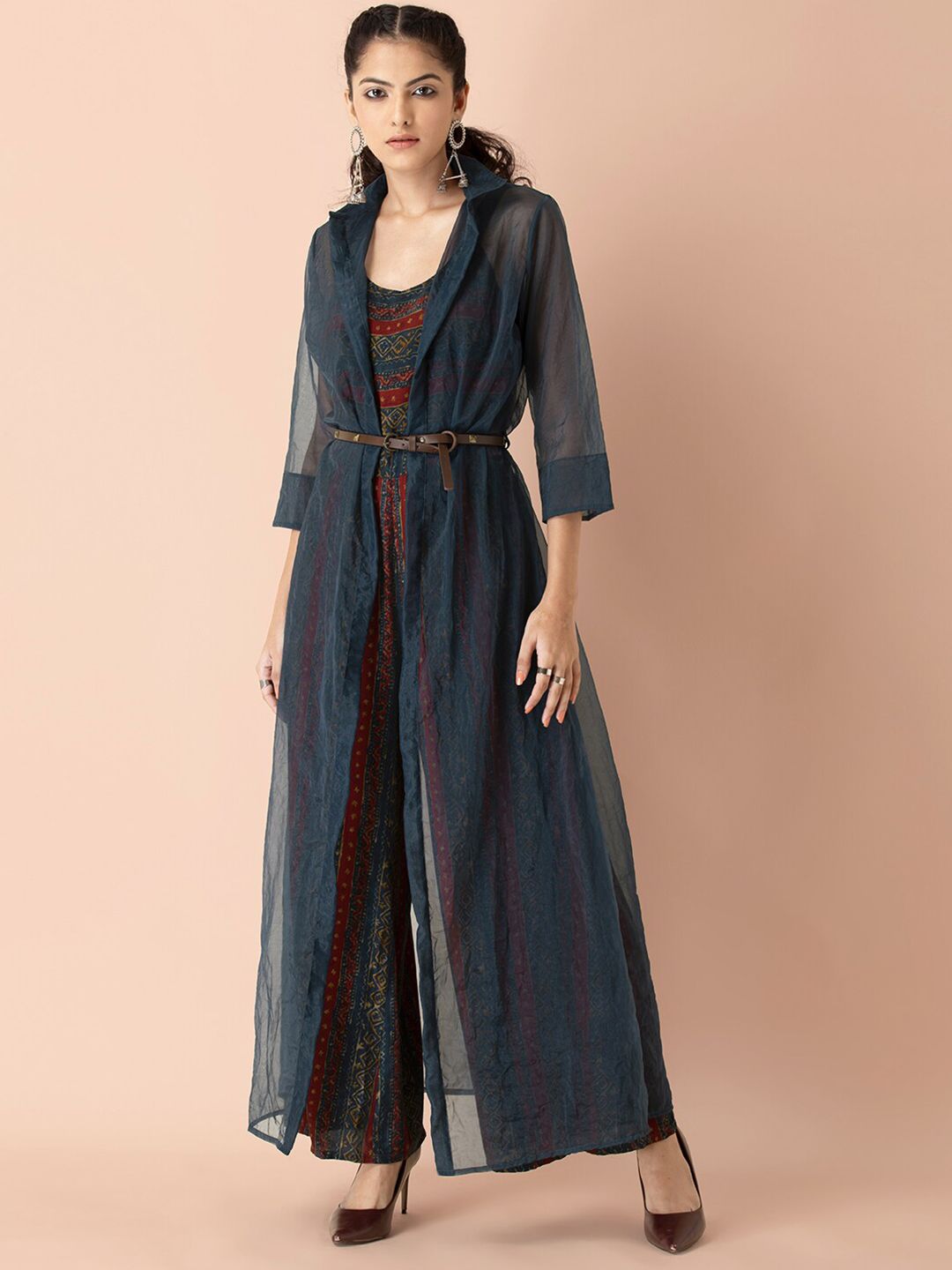 Earthen BY INDYA Green & Red Striped Basic Jumpsuit with Organza Jacket Price in India