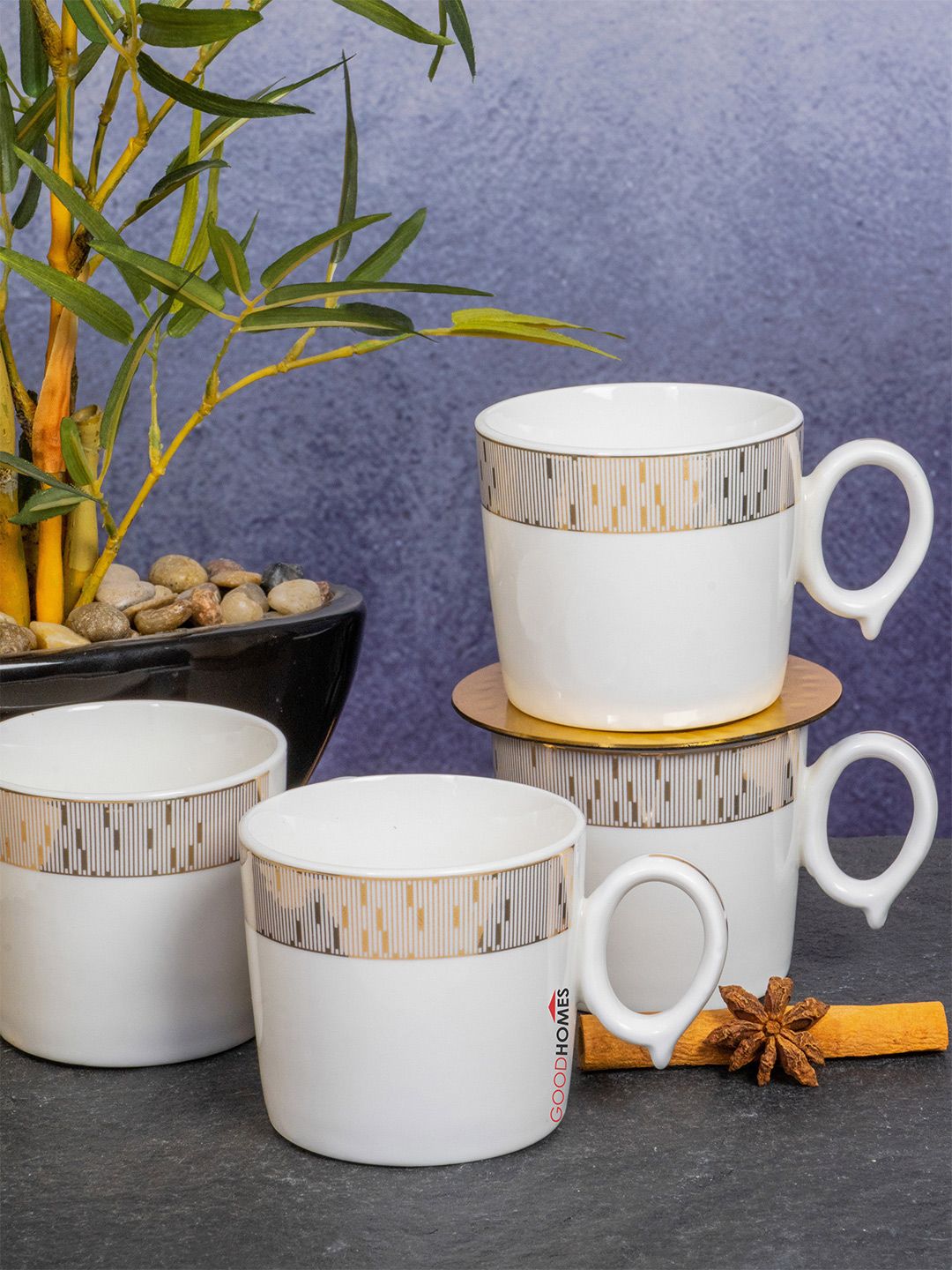 GOODHOMES 6 Pieces White & Gold-Toned Printed Porcelain Glossy Cups Price in India