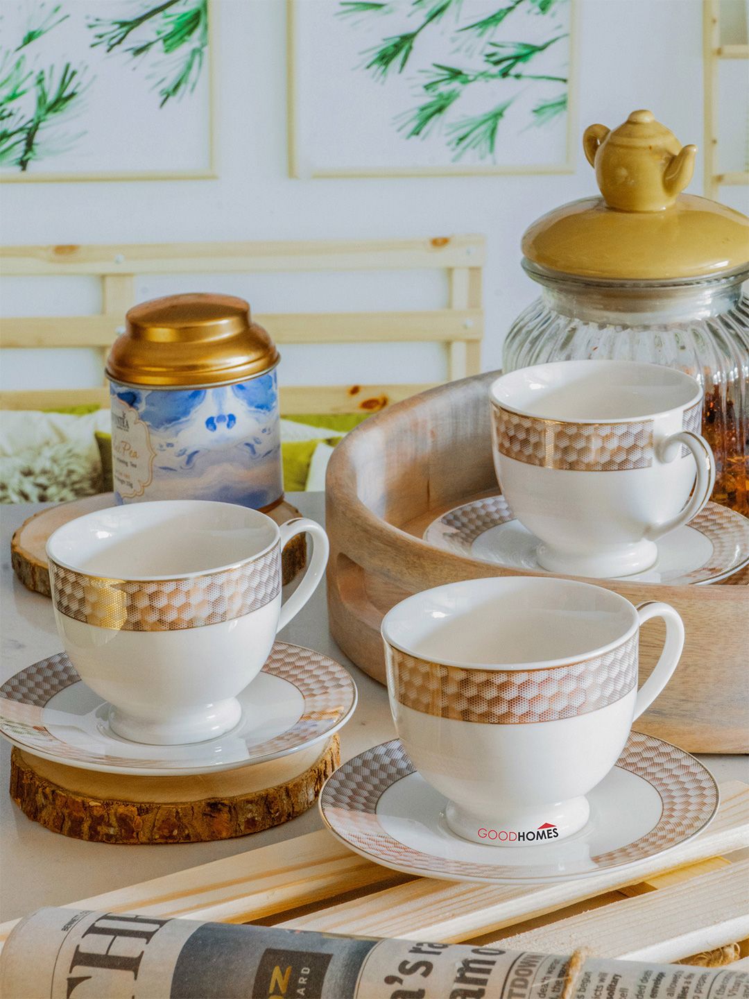 GOODHOMES White & Gold-Toned Set of 6 Printed Porcelain Glossy Cup Saucer Set Price in India