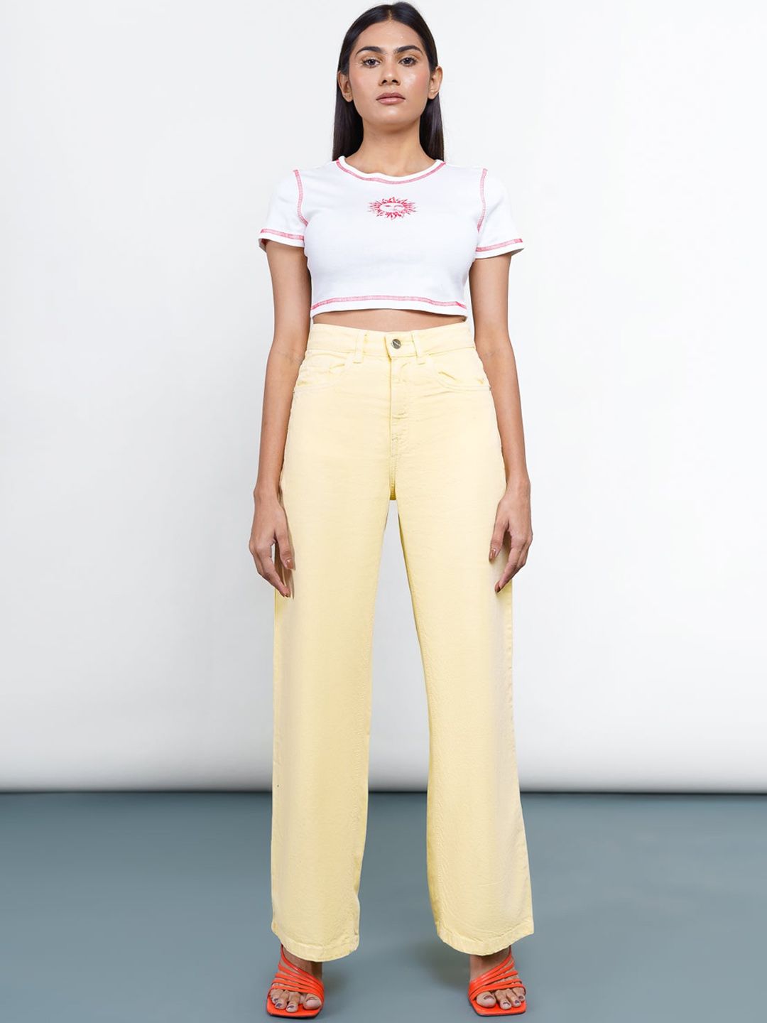 FREAKINS Women Bright Yellow High-Rise Wide Leg Fit Cropped Jeans Price in India
