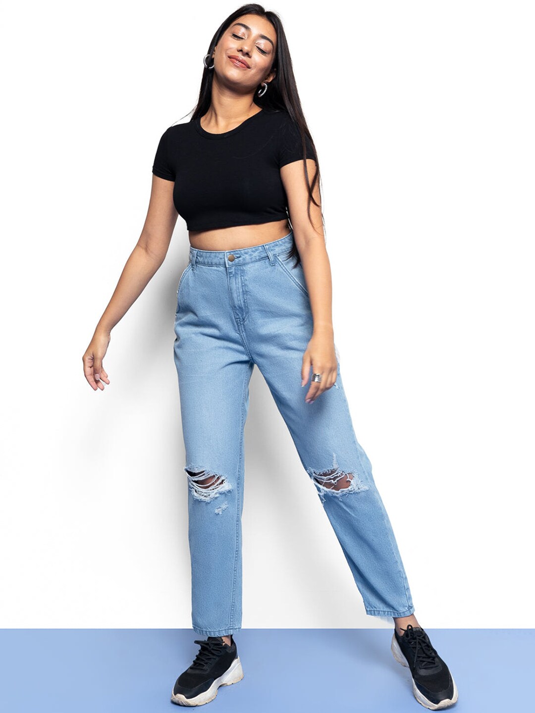 FREAKINS Women Blue High-Rise Mildly Distressed Tapered Fit Jeans Price in India